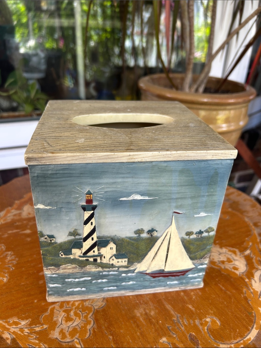 Vintage Coastal Lighthouse Wooden Tissue Box Cover